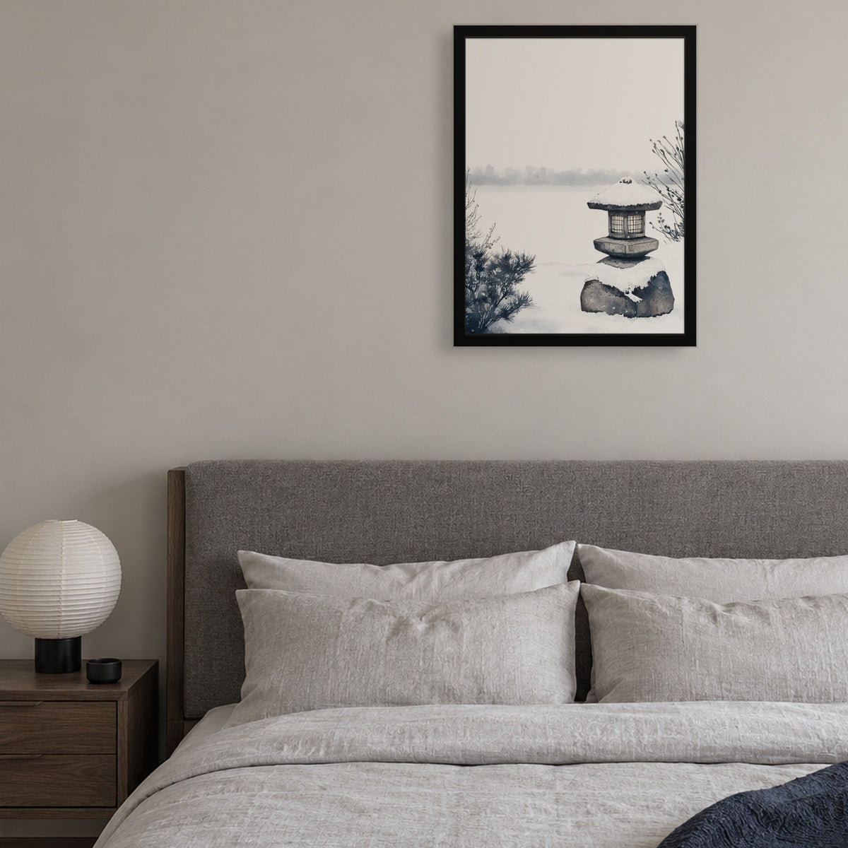 Snow Lantern — Japandi framed wall art in a room setting, 18x24 in