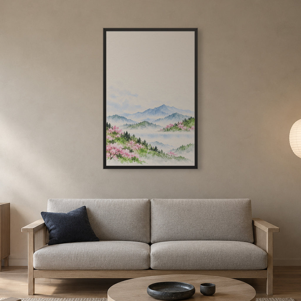 Spring Hills in Bloom — Japandi framed wall art in a room setting, 24x36 in