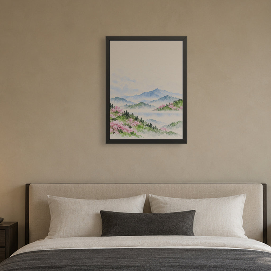 Spring Hills in Bloom — Japandi framed wall art in a room setting, 18x24 in