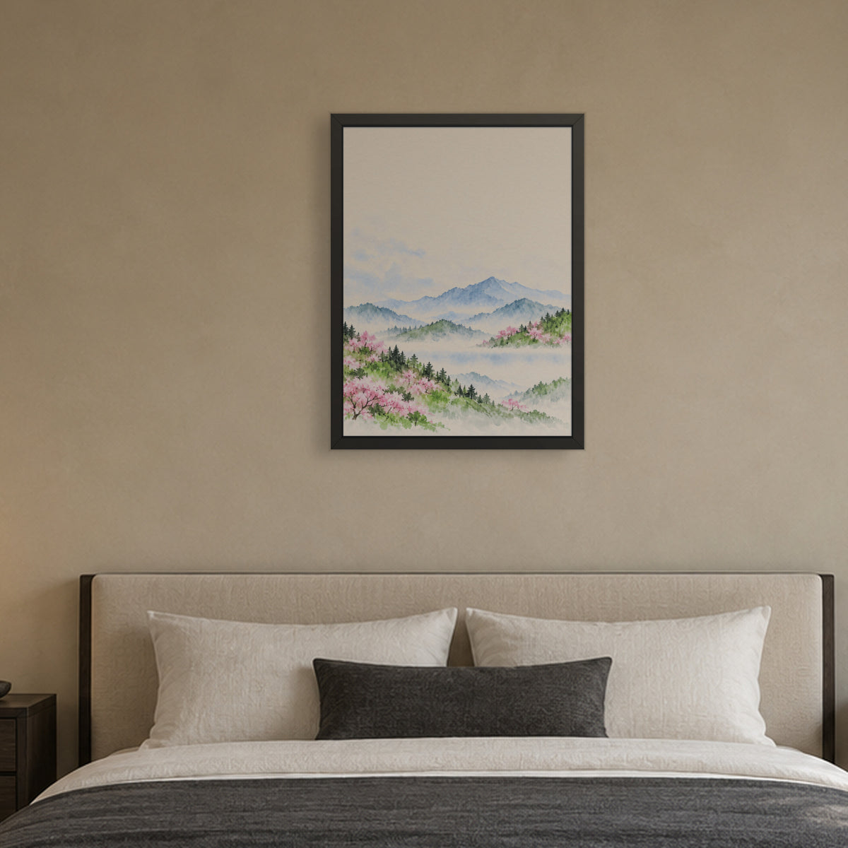 Spring Hills in Bloom — Japandi framed wall art in a room setting, 18x24 in