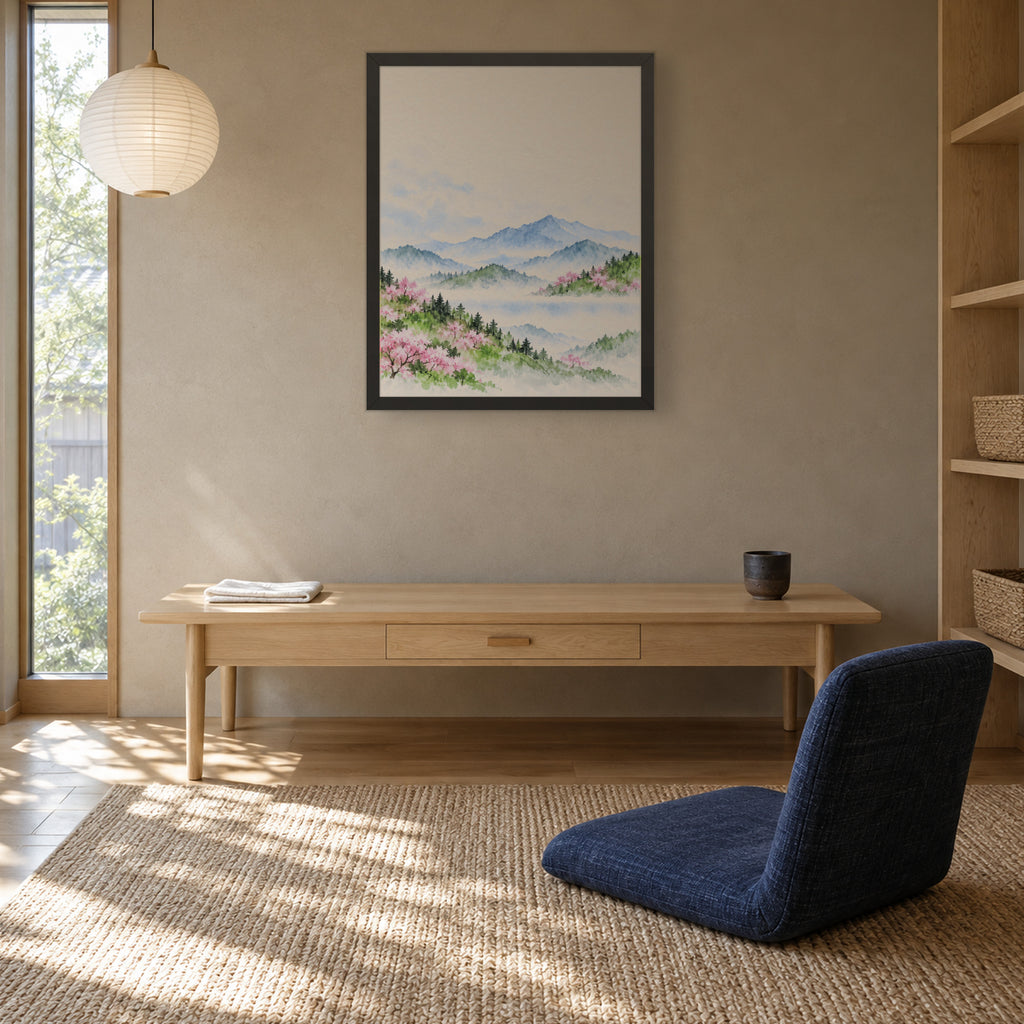 Spring Hills in Bloom — Japandi framed wall art in a room setting, 16x20 in