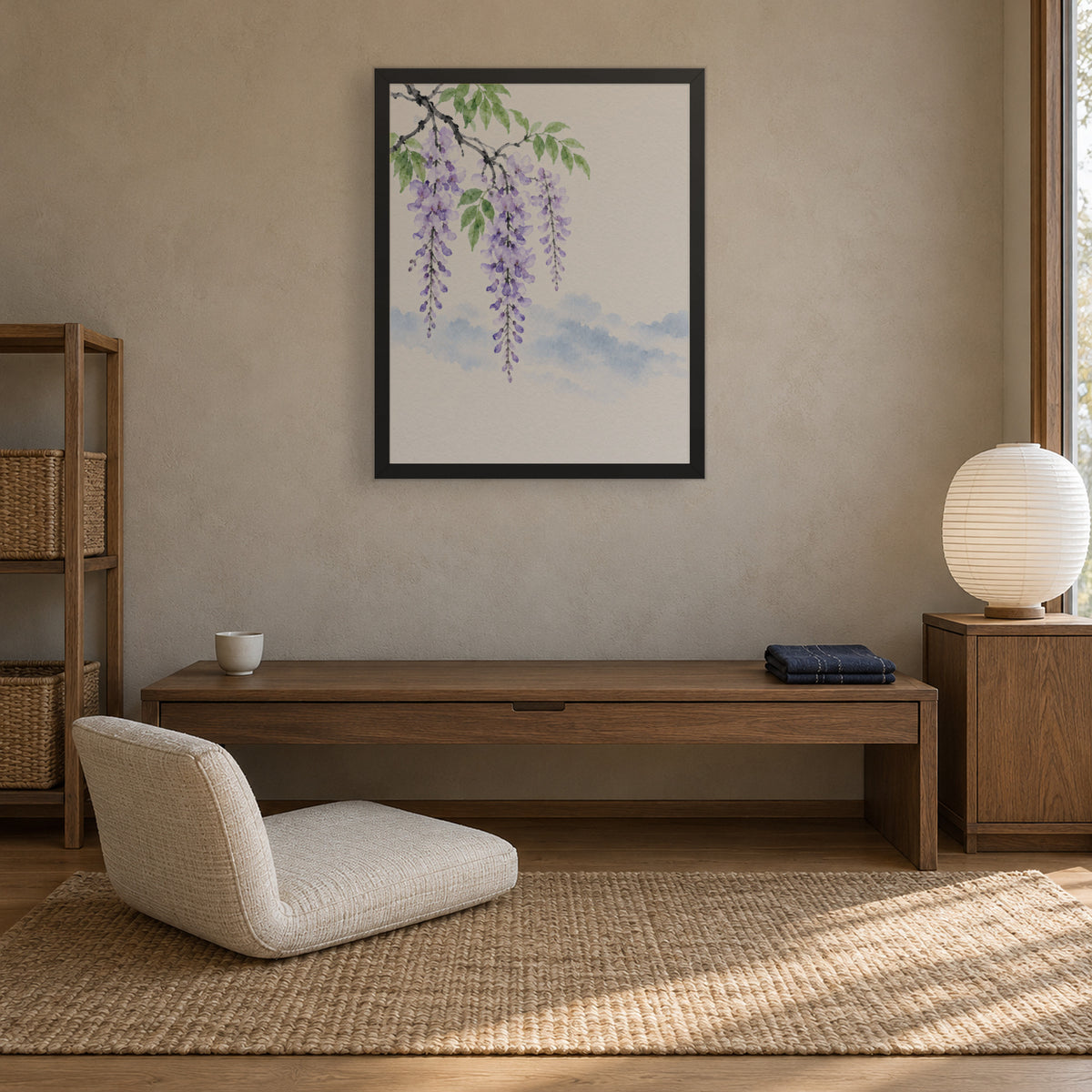 Spring Wisteria — Japandi framed wall art in a room setting, 16x20 in
