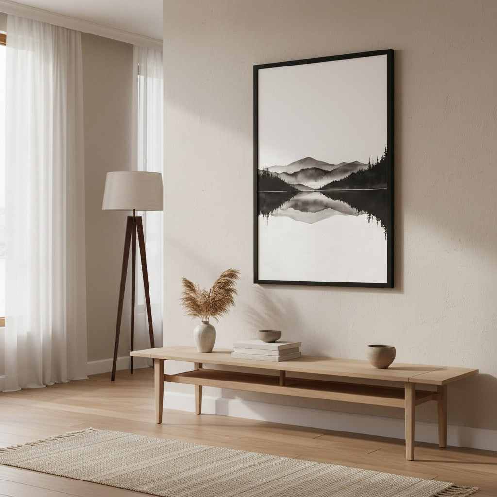 Still Water — Japandi zen ink wall art in a hallway setting