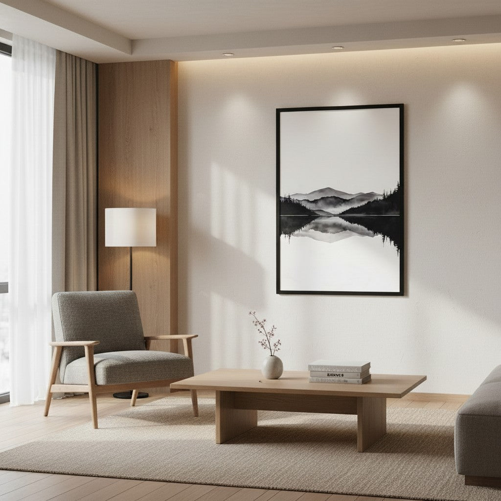 Still Water — Japandi zen ink wall art in a living room setting