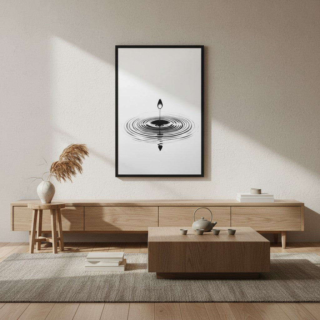 Waterdrop — Japandi zen nature wall art in a living room setting