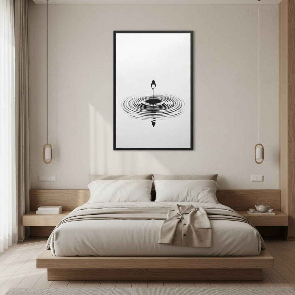 Waterdrop — Japandi zen nature wall art in a bedroom setting