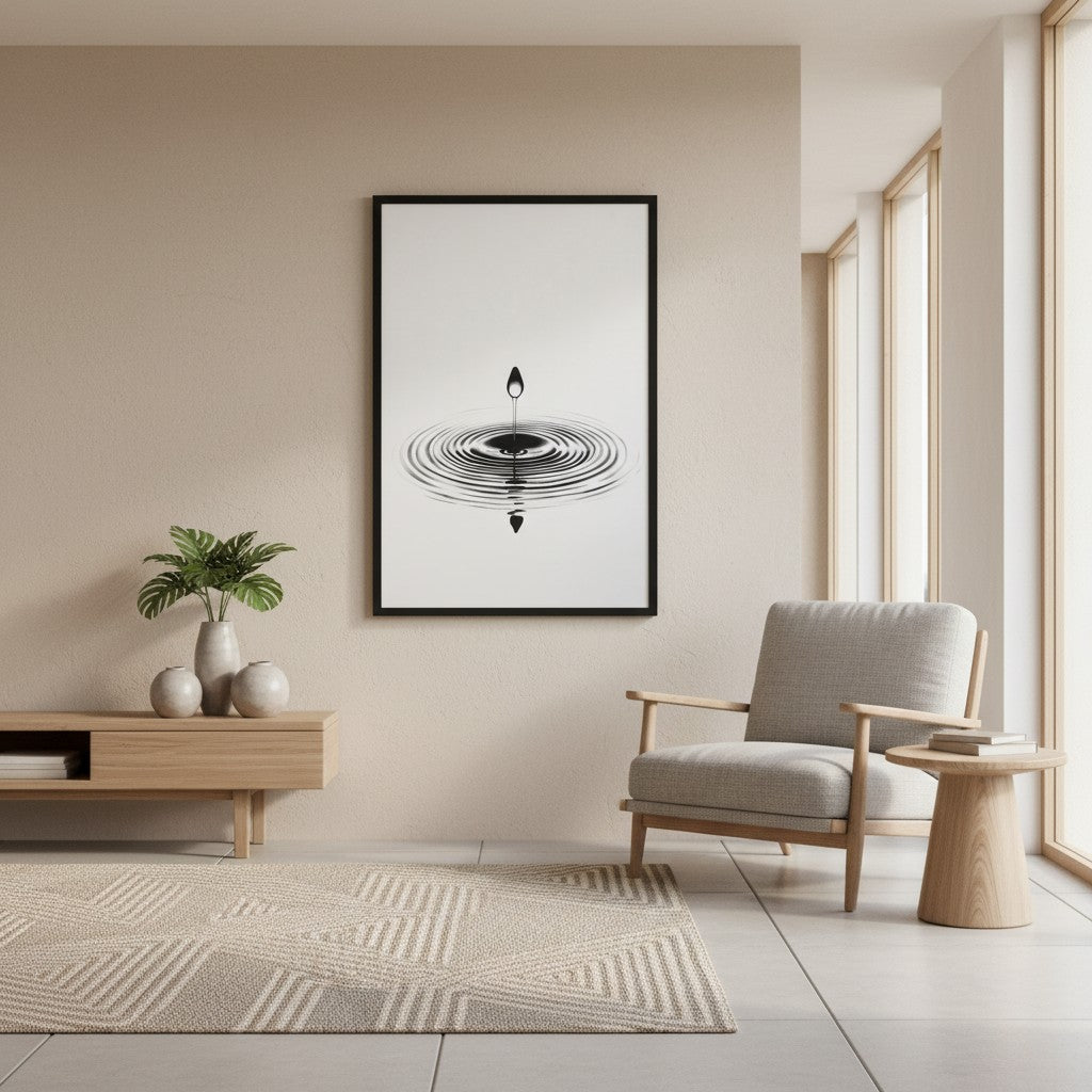 Waterdrop — Japandi zen nature wall art in a reading nook setting