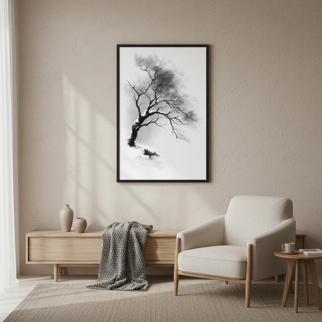 Winter Branch — Japandi zen ink wall art in a reading nook setting