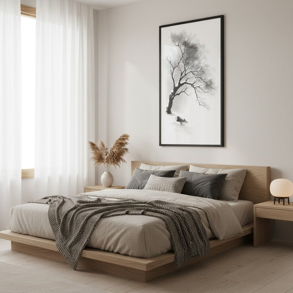 Winter Branch — Japandi zen ink wall art in a bedroom setting