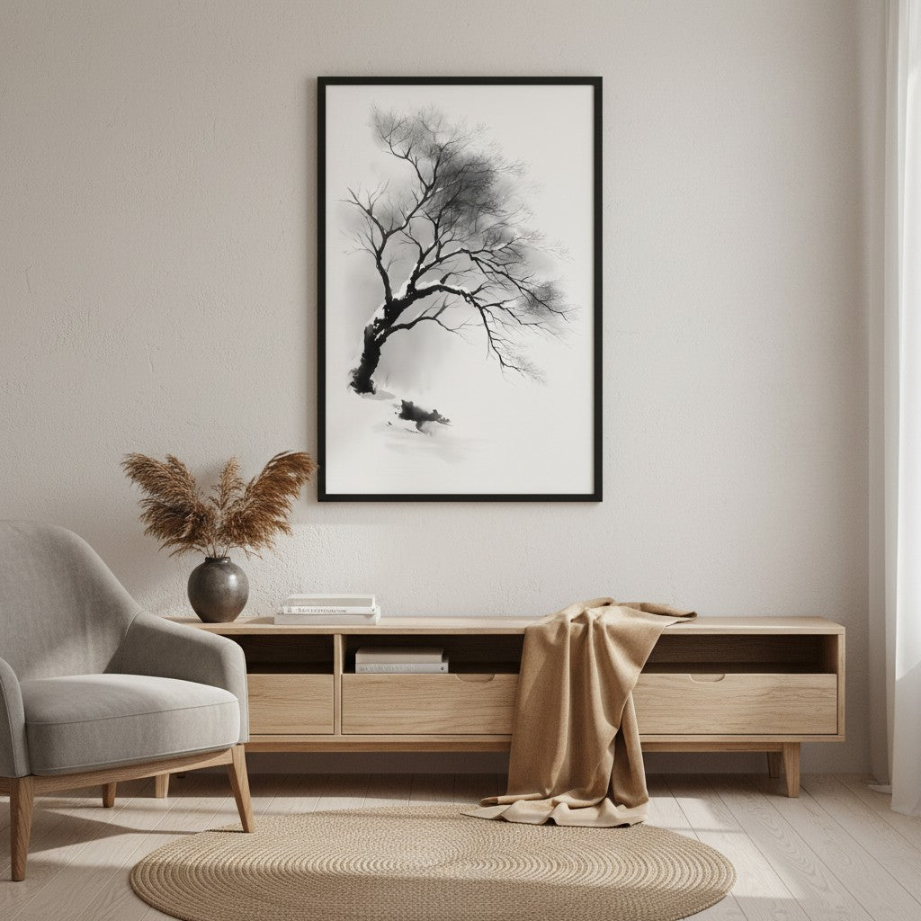 Winter Branch — Japandi zen ink wall art in a living room setting
