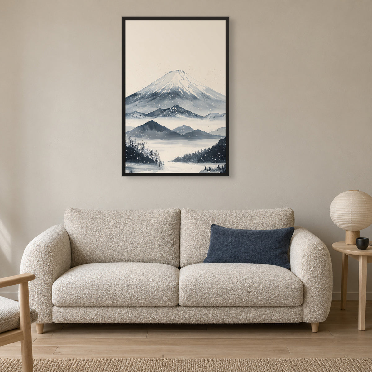 Winter Fuji — Japandi framed wall art in a room setting, 24x36 in