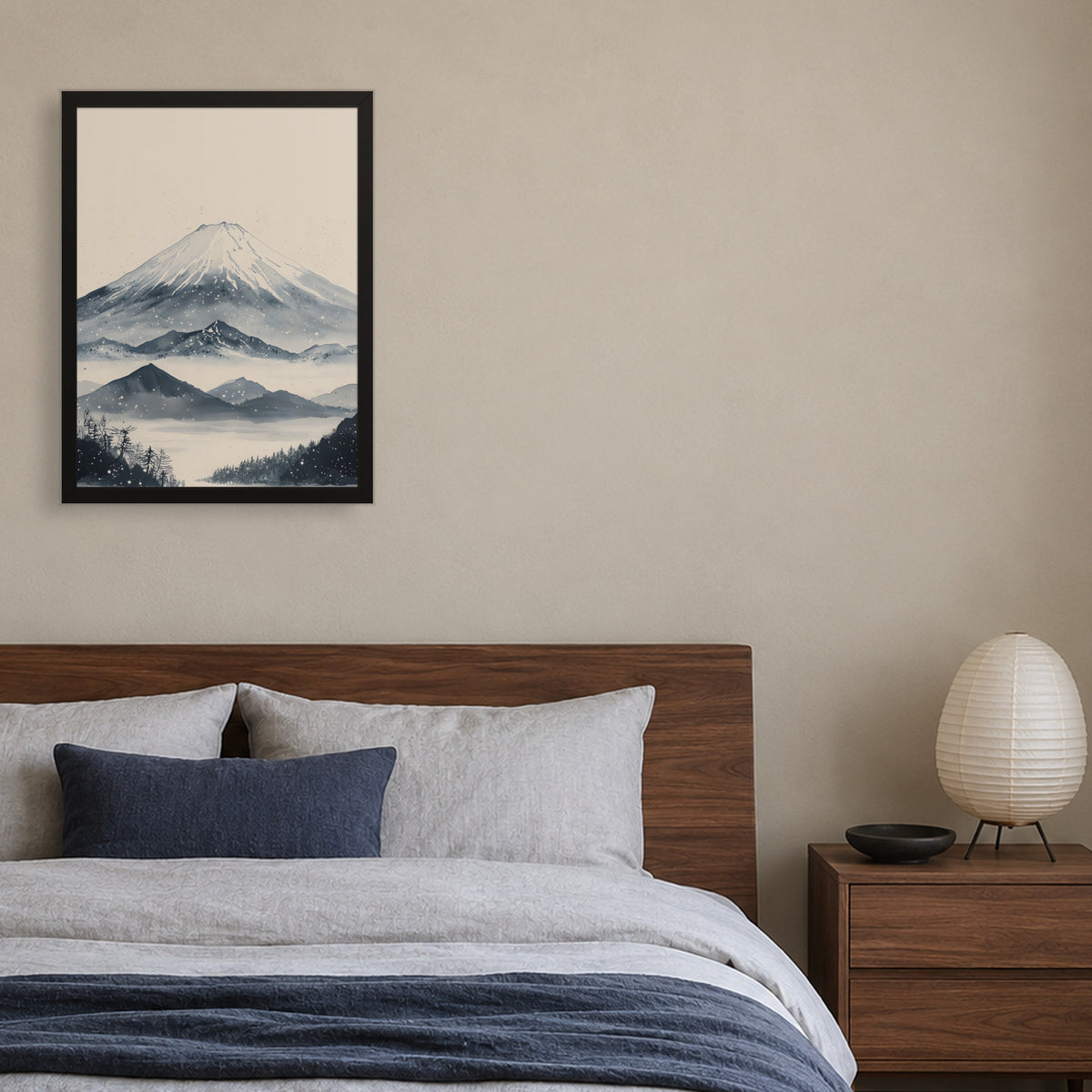 Winter Fuji — Japandi framed wall art in a room setting, 18x24 in