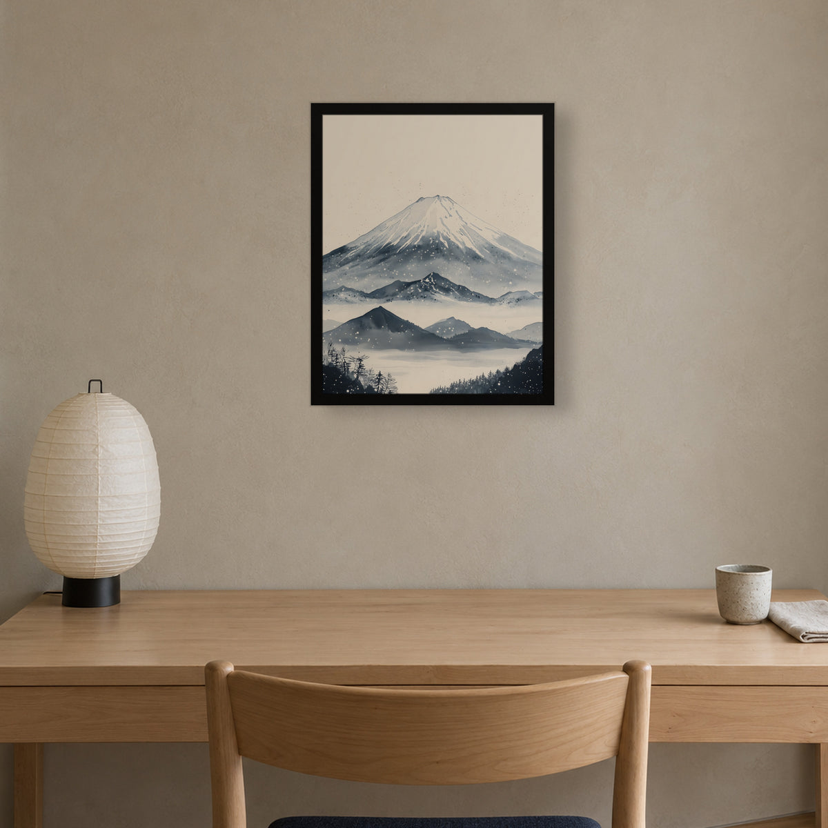 Winter Fuji — Japandi framed wall art in a room setting, 16x20 in