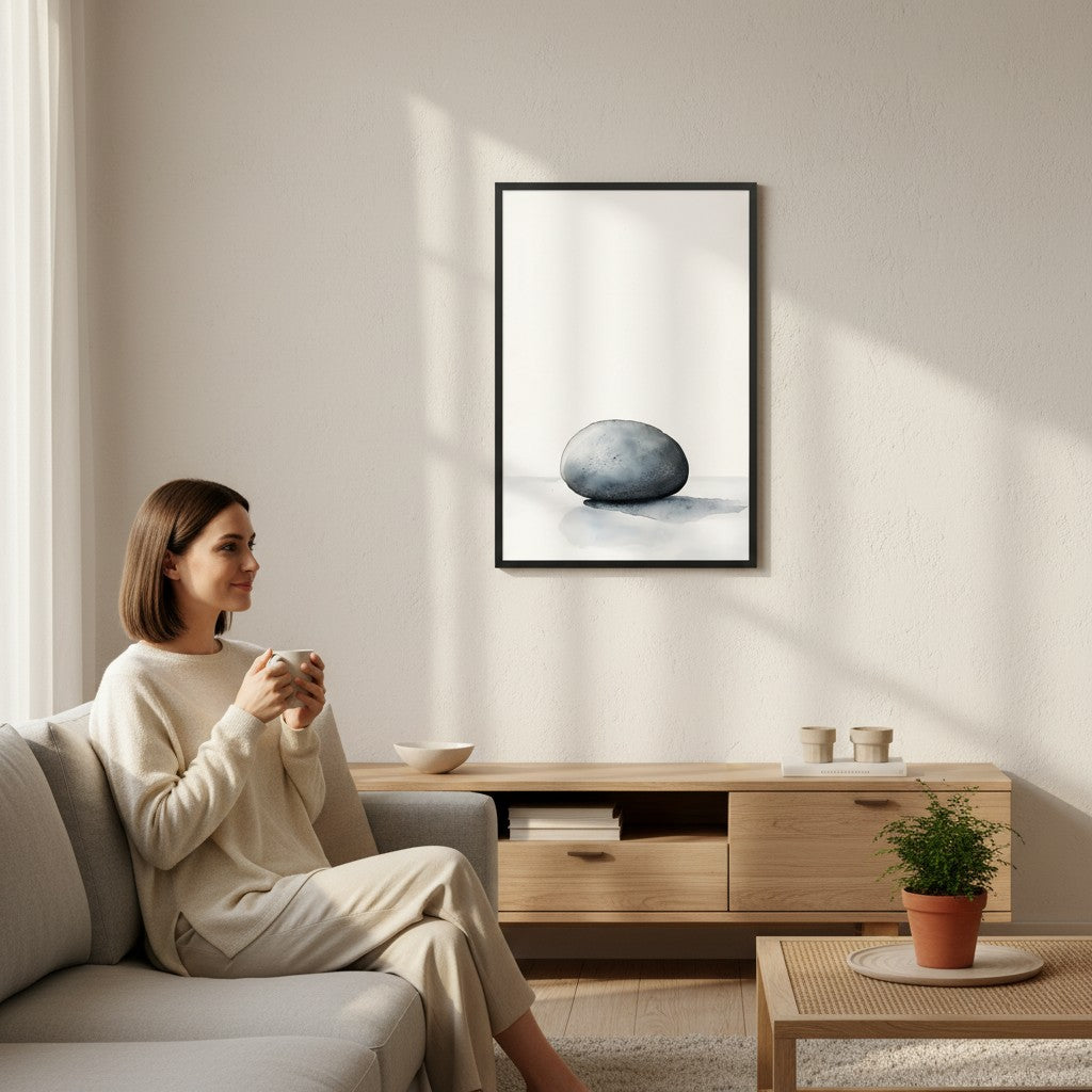 Worn Stone — Japandi wabi-sabi wall art in a living room setting