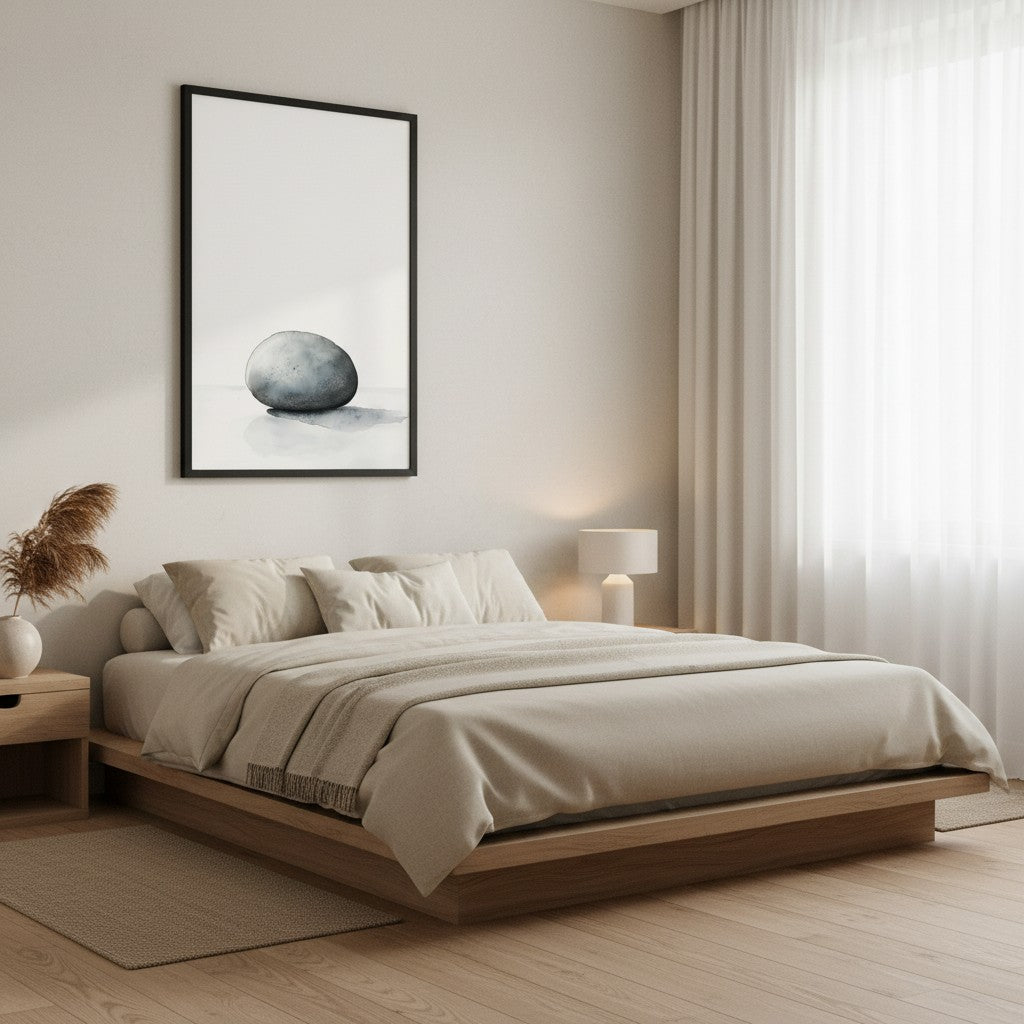 Worn Stone — Japandi wabi-sabi wall art in a bedroom setting