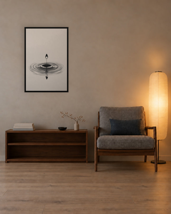 Waterdrop in a Japandi living room, 24 × 36 in · Black frame