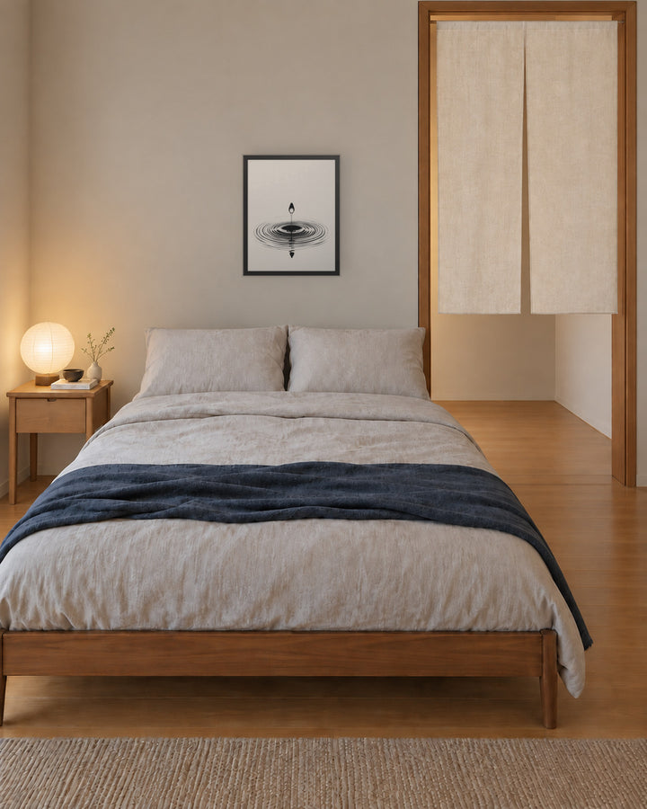 Waterdrop in a Japandi bedroom, 16 × 20 in · Black frame