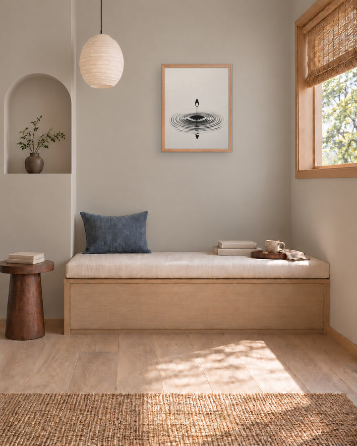 Waterdrop in a Japandi reading nook, 16 × 20 in · Natural frame