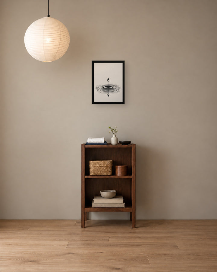 Waterdrop in a Japandi hallway, 12 × 16 in · Black frame