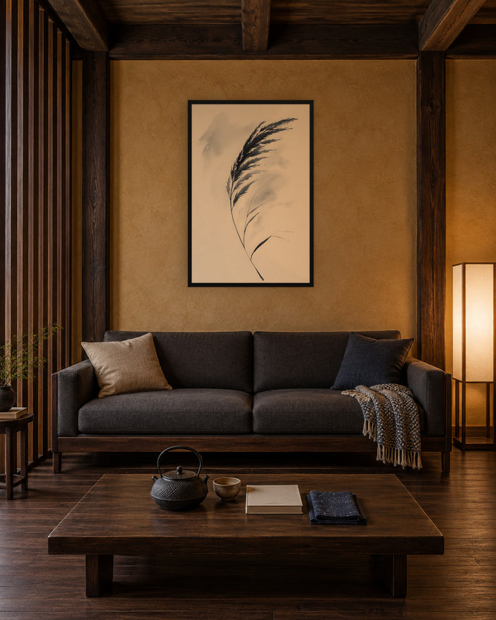 Wild Grass in a Japandi living room, 24 × 36 in · Black frame