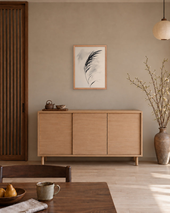 Wild Grass in a Japandi dining room, 18 × 24 in · Natural frame