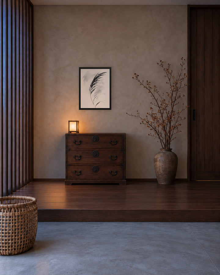 Wild Grass in a Japandi entryway, 18 × 24 in · Black frame