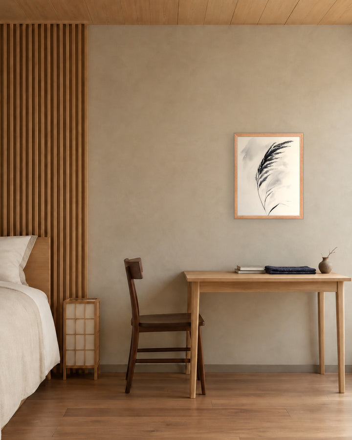Wild Grass in a Japandi bedroom, 16 × 20 in · Natural frame