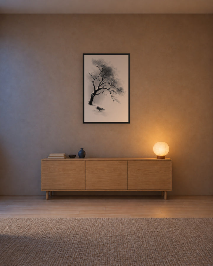 Winter Branch in a Japandi living room, 24 × 36 in · Black frame