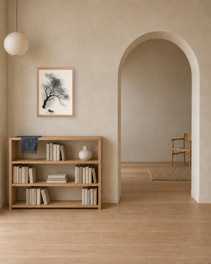 Winter Branch in a Japandi living room, 18 × 24 in · Natural frame