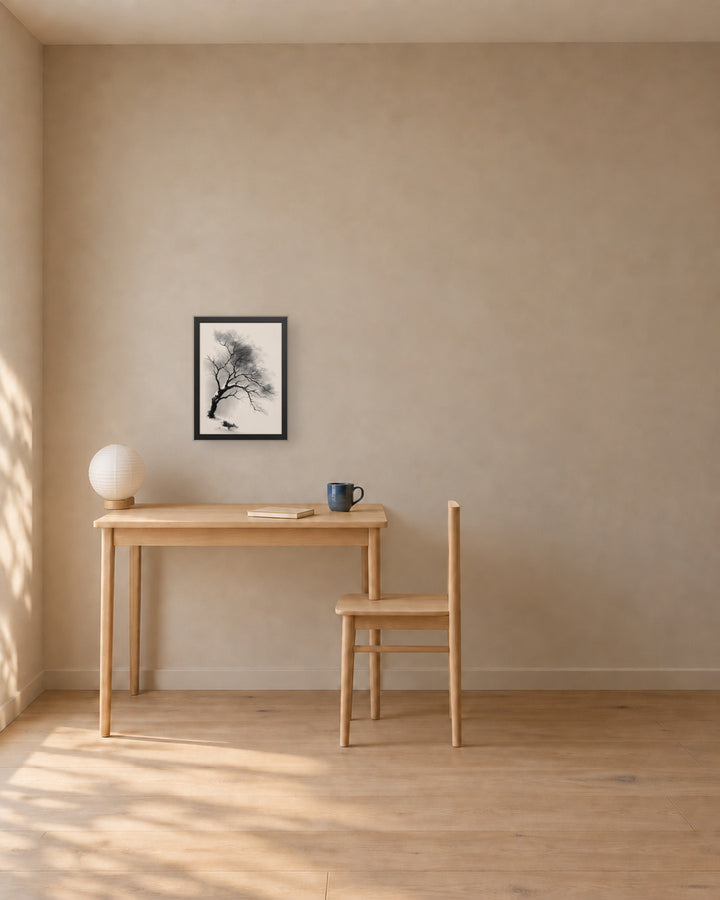Winter Branch in a Japandi home office, 12 × 16 in · Black frame