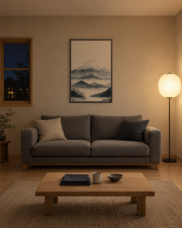 Winter Fuji in a Japandi living room, 24 × 36 in · Black frame