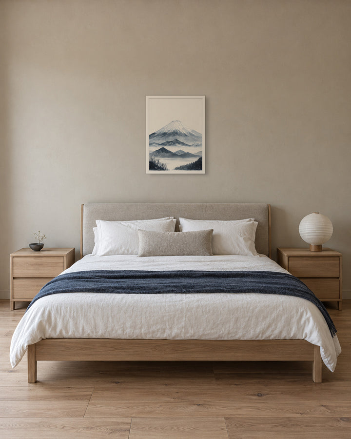 Winter Fuji in a Japandi bedroom, 18 × 24 in · White frame