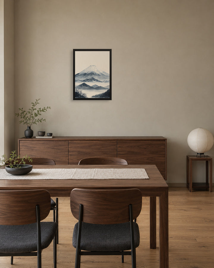 Winter Fuji in a Japandi dining room, 18 × 24 in · Black frame