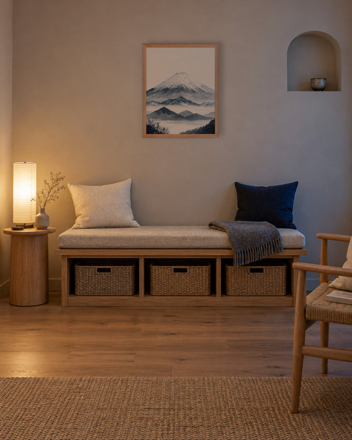 Winter Fuji in a Japandi reading nook, 16 × 20 in · Natural frame
