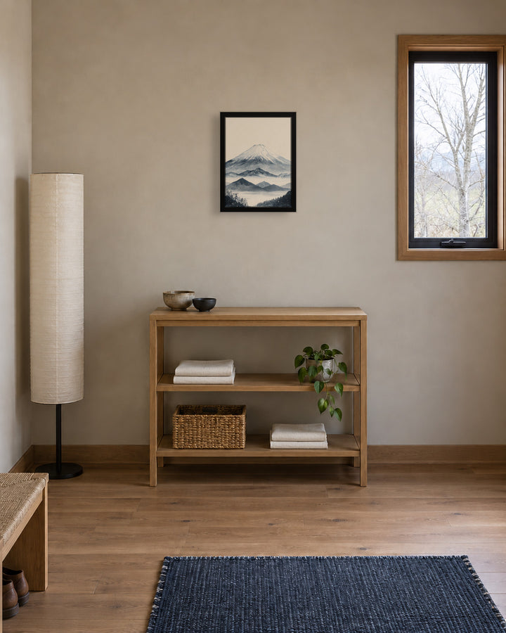 Winter Fuji in a Japandi living room, 12 × 16 in · Black frame