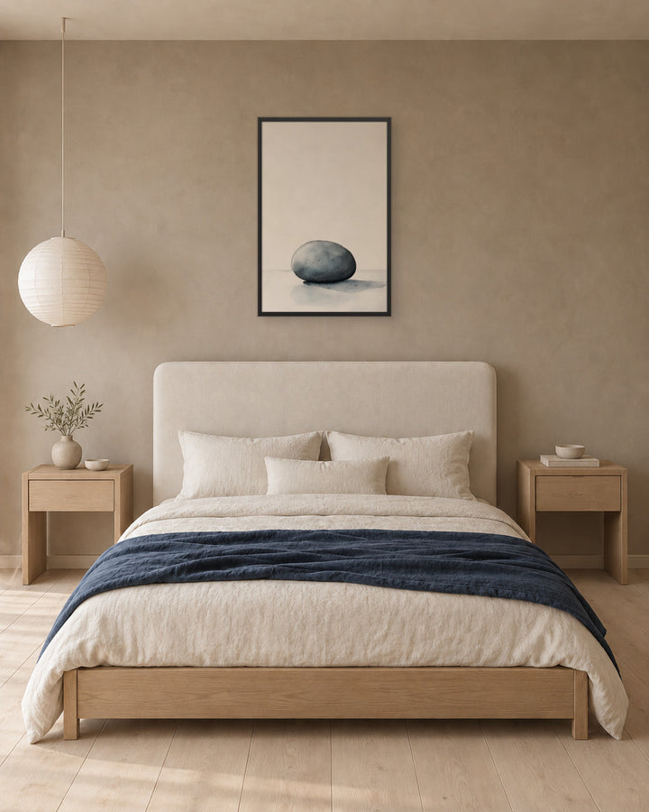 Worn Stone in a Japandi bedroom, 24 × 36 in · Black frame