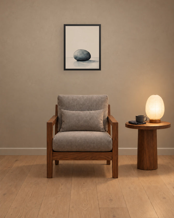 Worn Stone in a Japandi reading nook, 16 × 20 in · Black frame