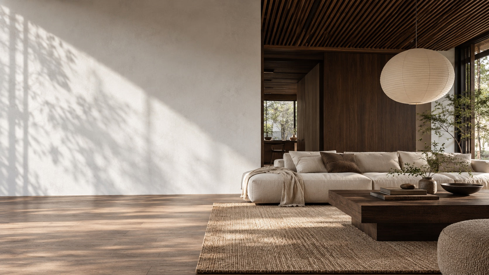 Concept image of a Japandi living room with natural light and an open wall