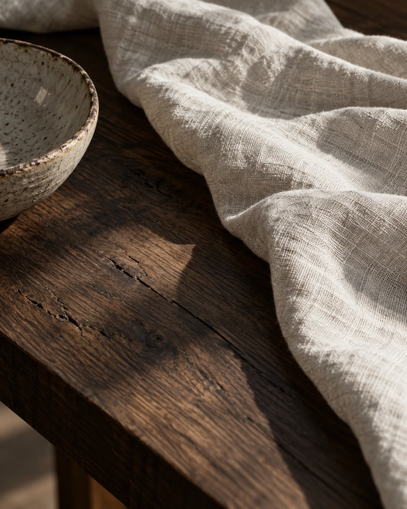 Concept still life of natural wood, woven linen and a ceramic bowl
